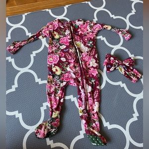 Bundle of two posh peanut 0 to 3 month girl Footy pajama with matching headband